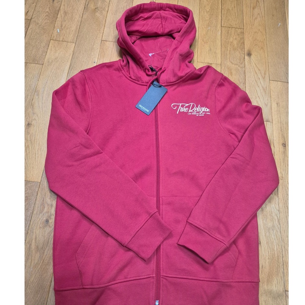 True Religion Mens Zip Up Hoodie Red Graphic Back Logo Sweatshirt Large New